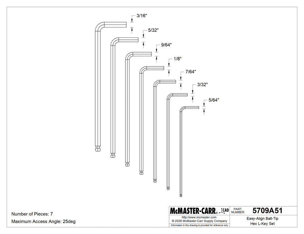 Technical Drawing of Angled-Drive Ball-Tip Hex L-Key Set, 7 Pieces, Black Phosphate Coated Alloy Steel.